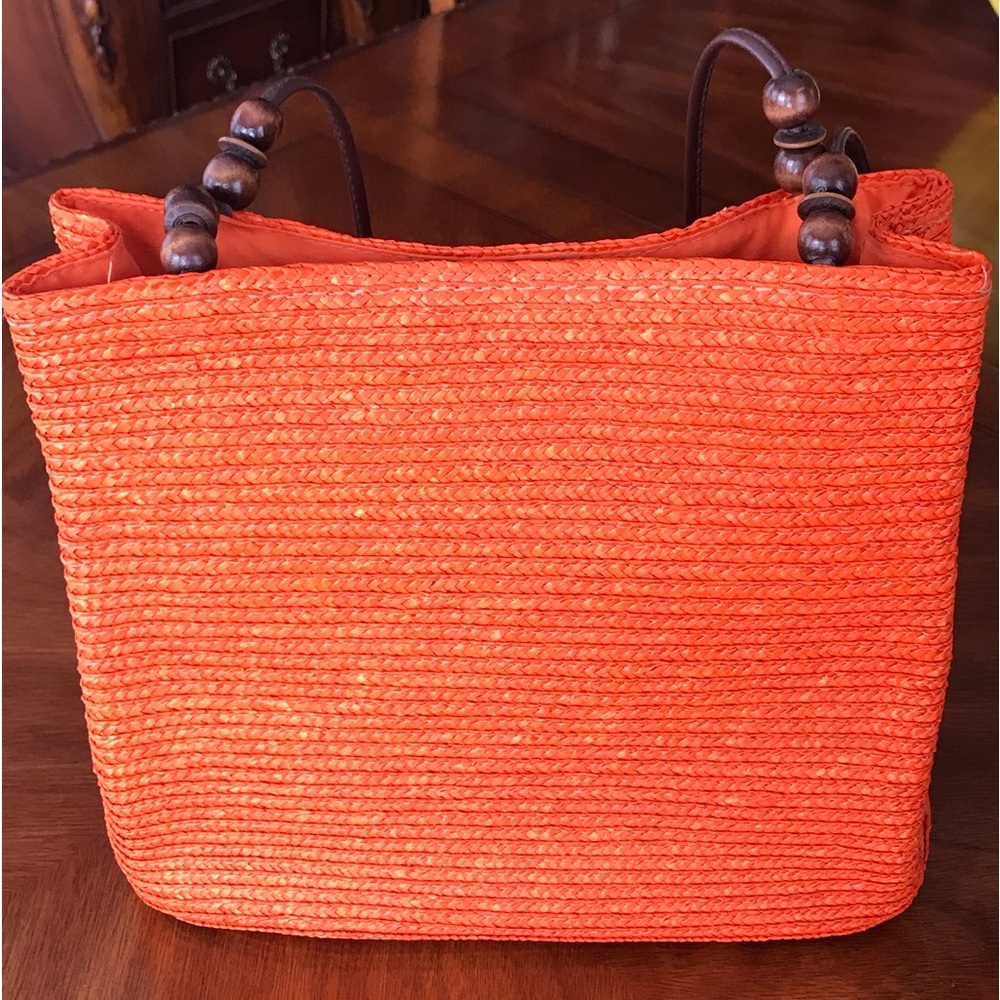 Pretty Orange Straw Purse with Wooden Beads